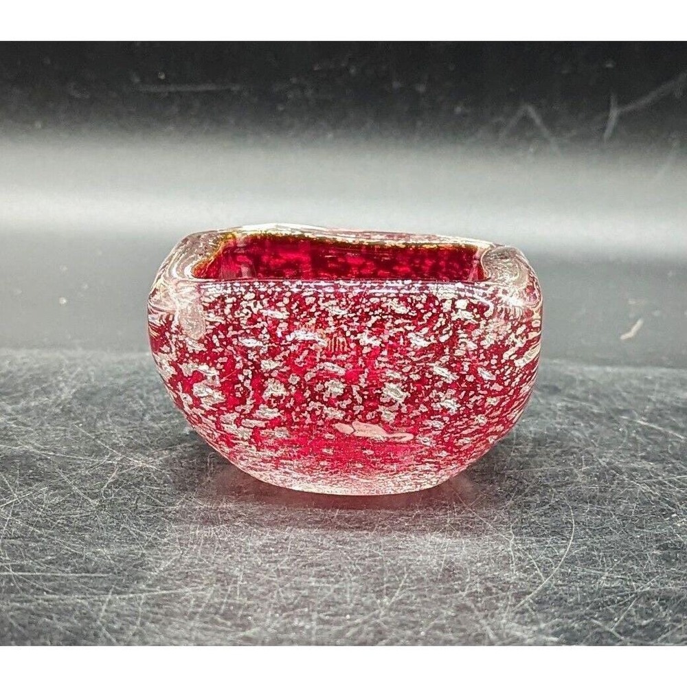 Vintage Carlo Murano Art Glass Red Sommerso Silver Flake Bowl‎ 3" Venice Italy